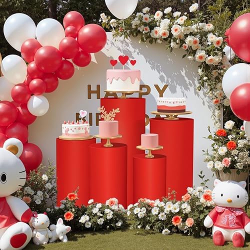 5pcs Cylinder Pedestal Covers for Birthday Party Decor, Red in Red, alternate view 3
