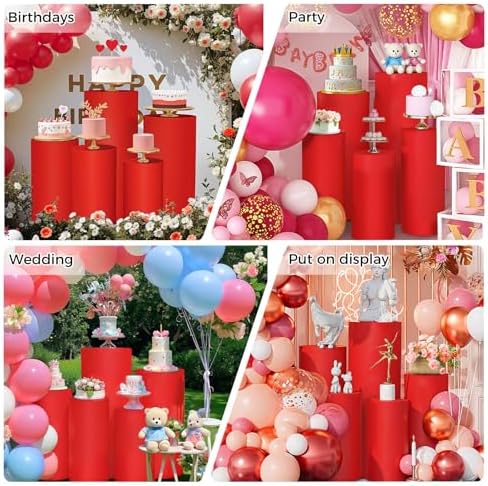 5pcs Cylinder Pedestal Covers for Birthday Party Decor, Red in Red, alternate view 6