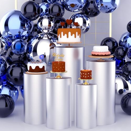 5pcs Cylinder Pedestal Covers for Birthday Party Decor, Sliver in Sliver
