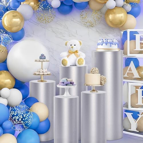 5pcs Cylinder Pedestal Covers for Birthday Party Decor, Sliver in Sliver, alternate view 4
