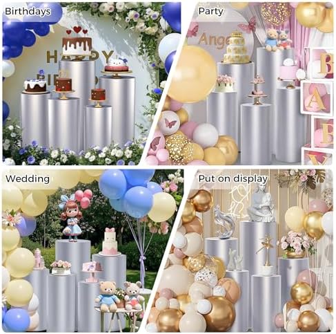 5pcs Cylinder Pedestal Covers for Birthday Party Decor, Sliver in Sliver, alternate view 5