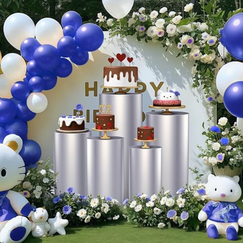 5pcs Cylinder Pedestal Covers for Birthday Party Decor, Sliver in Sliver, alternate view 6