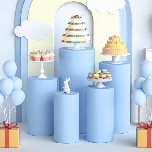 5Pcs Cylinder Pedestal Stand Covers, Blue Spandex Stretch Fit in Baby Blue, alternate view 3