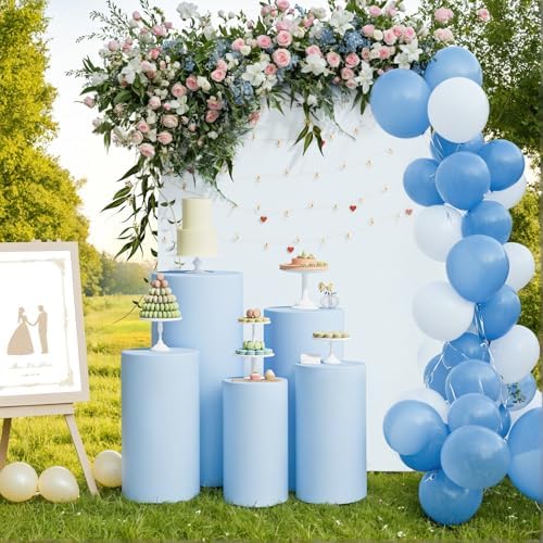 5Pcs Cylinder Pedestal Stand Covers, Blue Spandex Stretch Fit in Baby Blue, alternate view 5