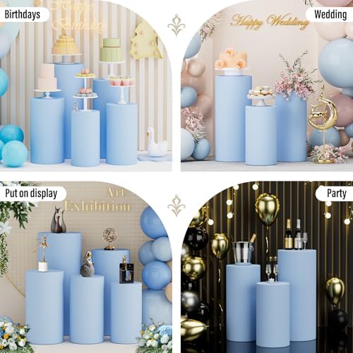 5Pcs Cylinder Pedestal Stand Covers, Blue Spandex Stretch Fit in Baby Blue, alternate view 6