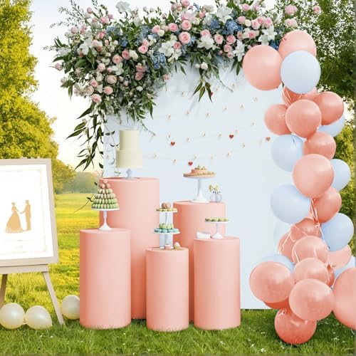 5Pcs Cylinder Pedestal Stand Covers, Dusty Pink Spandex in - in Dusty Pink, alternate view 5