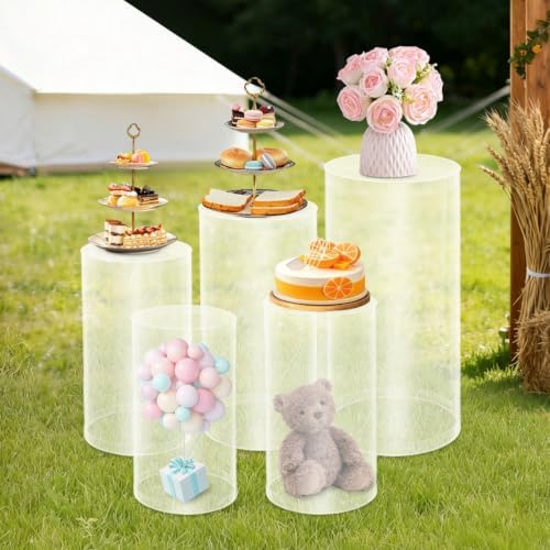 5pcs Cylinder Pedestal Stands for Flower Cake, Clear Display Plinth Pillars Tower Display Box for Wedding Party