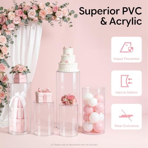 5pcs Cylinder Pedestal Stands for Flower Cake, Clear Display Plinth Pillars Tower Display Box for Wedding Party, alternate