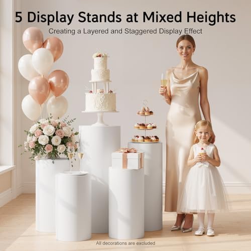 5Pcs Cylinder Pedestal Stands, White Cake Dessert Display Stand for Party in White, alternate view 5