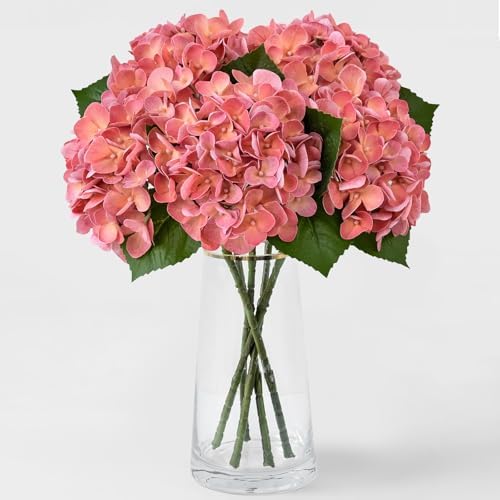 5PCS Hydrangea Artificial Flowers Fake Hydrangea Latex, Coral Peach