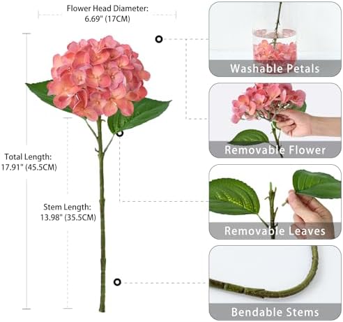 5PCS Hydrangea Artificial Flowers Fake Hydrangea Latex, Coral Peach, alternate view 6