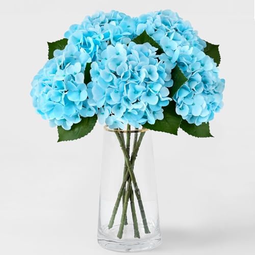 5PCS Hydrangea Artificial Flowers Fake Hydrangea Latex, Sky Blue in Sky Blue