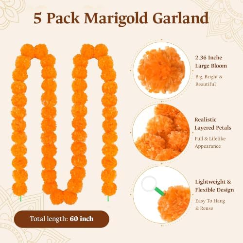 5Pcs Marigold Garland for Decoration,5 Feet Artificial Marigold Flowers, alternate view 2