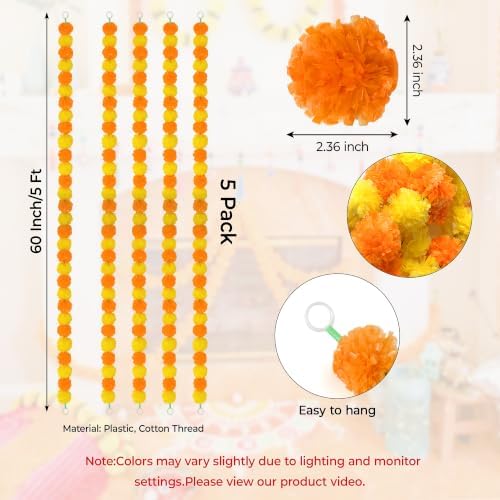 5Pcs Marigold Garland for Decoration,5 Feet Marigold Flowers Diwali Decor, alternate view 3