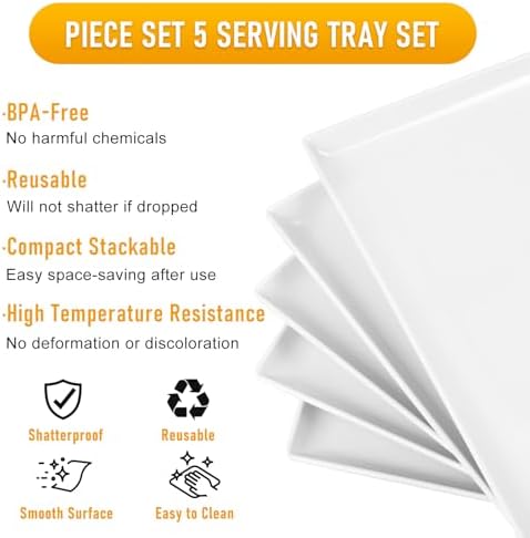 5pcs Melamine White Serving Trays for Party, Reusable Serving Dishes,14.5 x 6, Unbreakable Rectangle Plates, for, alternate