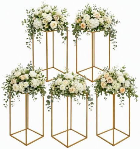 5PCs Metal Wedding Flower Vase, Gold Table Centerpiece Top Decoration Pillar Geometric Rack Flower Stand for