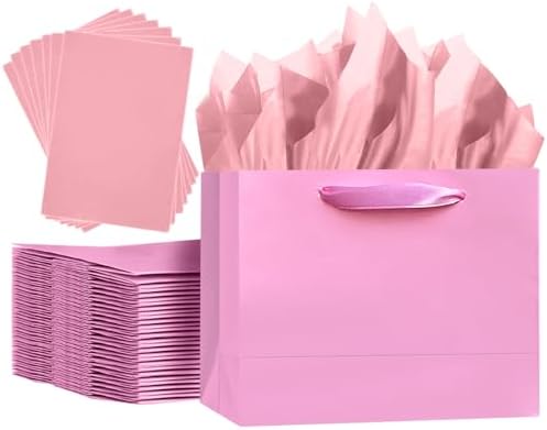 5PCS Pink Gift Bags with Ribbon Handles 9.6"x7.9"x4.3" Medium Size Gift Bags (Tissue Paper included, Medium