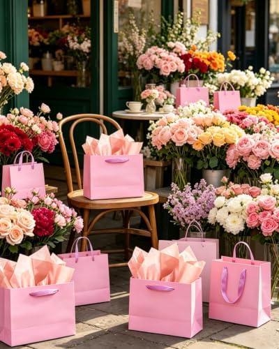5PCS Pink Gift Bags with Ribbon Handles 9.6"x7.9"x4.3" Medium Size Gift Bags (Tissue Paper included, Medium, alternate view 5