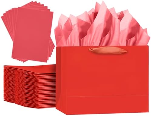 5PCS Red Gift Bags with Ribbon Handles 9.6"x7.9"x4.3" Medium Size Gift Bags (Tissue Paper included, Medium Wide)