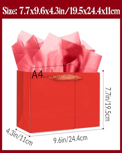 5PCS Red Gift Bags with Ribbon Handles 9.6"x7.9"x4.3" Medium Size Gift Bags (Tissue Paper included, Medium Wide), alternate