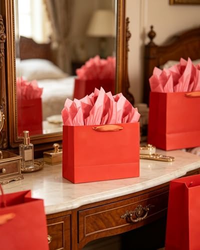 5PCS Red Gift Bags with Ribbon Handles 9.6"x7.9"x4.3" Medium Size Gift Bags (Tissue Paper included, Medium Wide), alternate