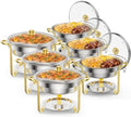 5QT 6 Pack Chafing Dish Set Gold Accent, Round Stainless Steel Buffet Warmer Chafers with Glass Lid & Lid Holder
