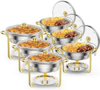 5QT 6 Pack Chafing Dish Set Gold Accent, Round Stainless Steel Buffet Warmer Chafers with Glass Lid & Lid Holder