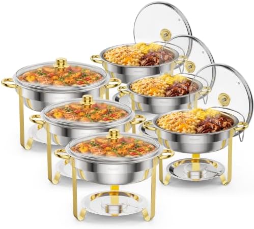 5QT 6 Pack Chafing Dish Set Gold Accent, Round Stainless Steel Buffet Warmer Chafers with Glass Lid & Lid Holder