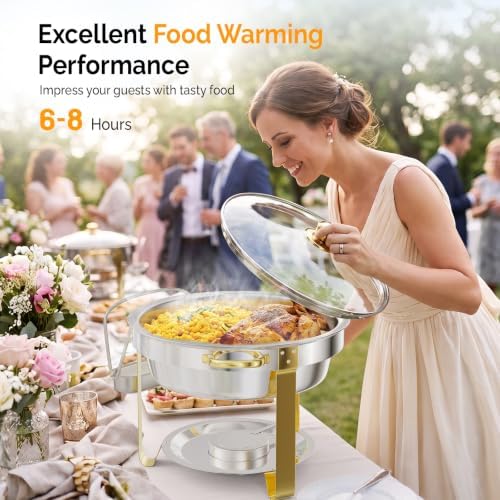 5QT 6 Pack Chafing Dish Set Gold Accent, Round Stainless Steel Buffet Warmer Chafers with Glass Lid & Lid Holder, alternate