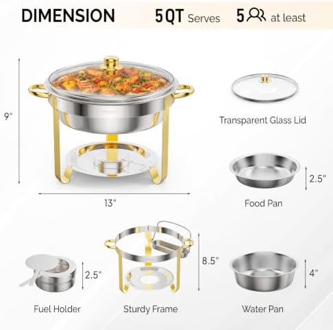 5QT 6 Pack Chafing Dish Set Gold Accent, Round Stainless Steel Buffet Warmer Chafers with Glass Lid & Lid Holder, alternate