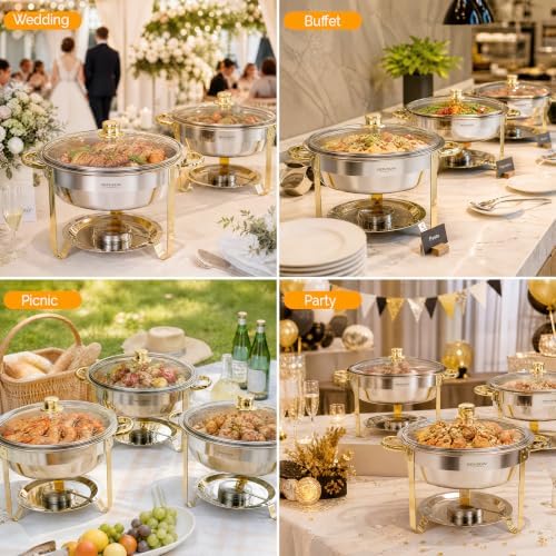5QT 6 Pack Chafing Dish Set Gold Accent, Round Stainless Steel Buffet Warmer Chafers with Glass Lid & Lid Holder, alternate