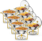 5QT 8 Pack Chafing Dish Set Gold Accent, Round Stainless Steel Buffet Warmer Chafers with Glass Lid & Lid Holder