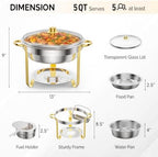 5QT 8 Pack Chafing Dish Set Gold Accent, Round Stainless Steel Buffet Warmer Chafers with Glass Lid & Lid Holder, alternate
