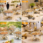 5QT 8 Pack Chafing Dish Set Gold Accent, Round Stainless Steel Buffet Warmer Chafers with Glass Lid & Lid Holder, alternate