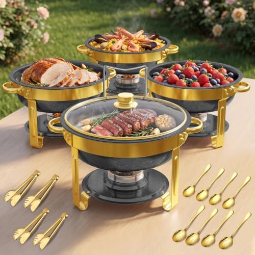 5Qt Chafing Dishes for Buffet with Glsss Lid 4 Pack (Black Gold) in Black/Gold