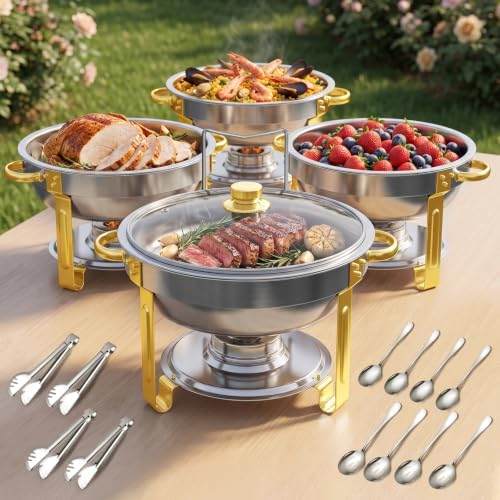 5Qt Chafing Dishes for Buffet with Glsss Lid 4 Pack (Half Gold)