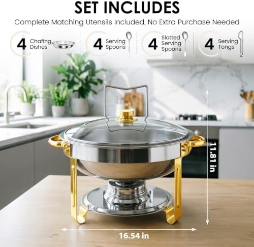 5Qt Chafing Dishes for Buffet with Glsss Lid 4 Pack (Half Gold), alternate view 2
