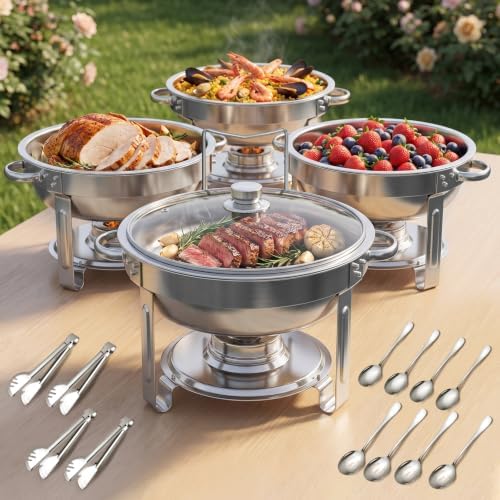 5Qt Chafing Dishes for Buffet with Glsss Lid 4 Pack (Silver) in Silver