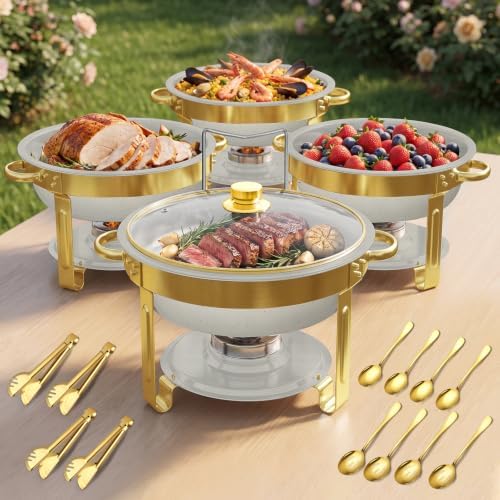 5Qt Chafing Dishes for Buffet with Glsss Lid 4 Pack (White Gold) in White Gold