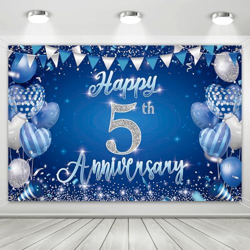 5th Anniversary Party Backdrop Banner, Blue and Silver Theme, Extra Large Photo Background Wall Decor, 70.8x47.2