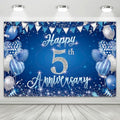 5th Anniversary Party Backdrop Banner, Blue and Silver Theme, Extra Large Photo Background Wall Decor, 70.8x47.2