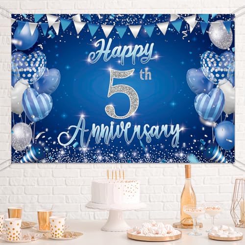 5th Anniversary Party Backdrop Banner, Blue and Silver Theme, Extra Large Photo Background Wall Decor, 70.8x47.2, alternate