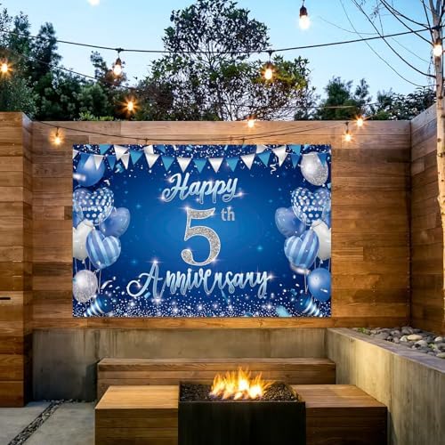 5th Anniversary Party Backdrop Banner, Blue and Silver Theme, Extra Large Photo Background Wall Decor, 70.8x47.2, alternate