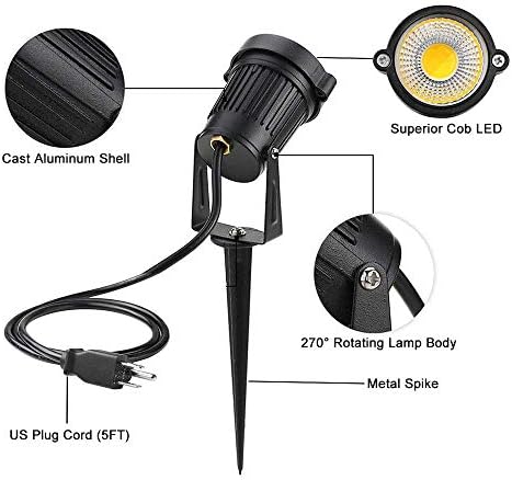 5W Landscape Lighting, 120V Plug-in Outdoor Spotlights, 6 Pack, alternate view 4
