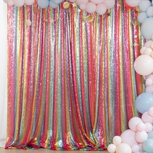 5x7 FT Rainbow Sequin Backdrop | Rod Pocket Hanging Photo Booth Background for Birthdays, Baby Showers, Weddings