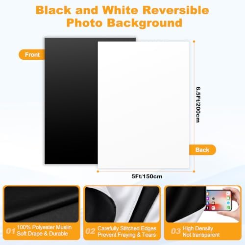 5x7FT Black White Backdrop with Stand Kit, 2-in-1 Photo Background in 5x7ft in Black White, alternate view 6