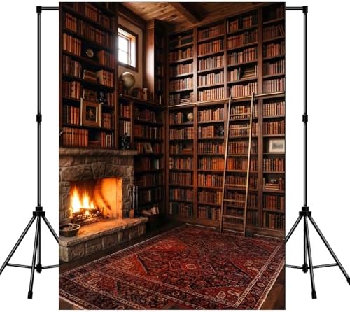 5x7Ft Cozy Fireplace Library Backdrop Vintage Bookshelf Poster in 5x7Ft
