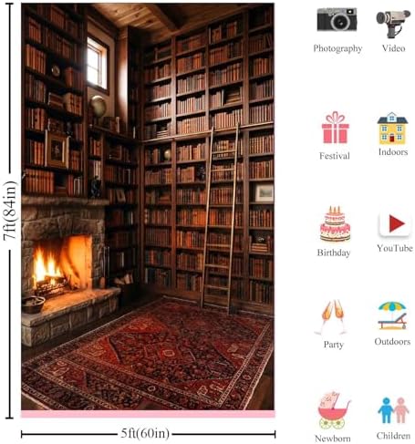 5x7Ft Cozy Fireplace Library Backdrop Vintage Bookshelf Poster in 5x7Ft, alternate view 2
