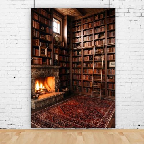5x7Ft Cozy Fireplace Library Backdrop Vintage Bookshelf Poster in 5x7Ft, alternate view 3