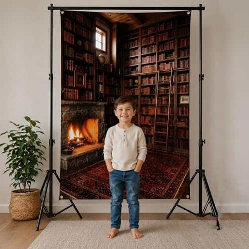 5x7Ft Cozy Fireplace Library Backdrop Vintage Bookshelf Poster in 5x7Ft, alternate view 4